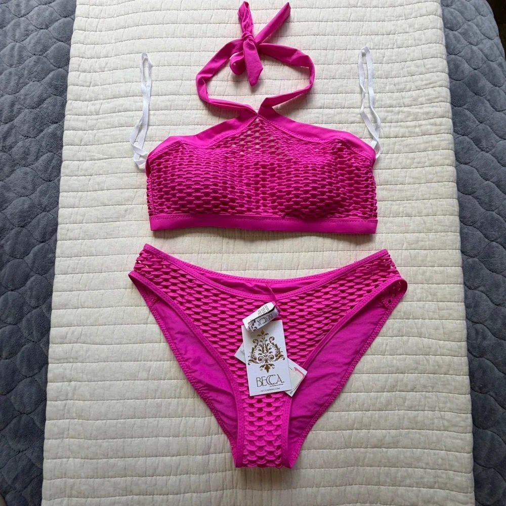 BECCA by Rebecca Virtue Fuchsia Pink Mesh Halter Bikini Set‎ Medium NWT